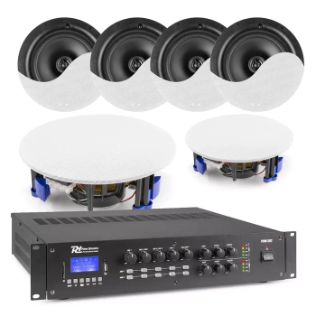 Zestaw białych głośników sufitowych 6 x 8" NCSP8 z wzmacniaczem  2 strefowym