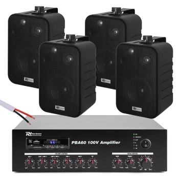 Zestaw czarnych głośników do muzyki w tle 4 x 4" BV40B 100V z wzmacniaczem bluetooth