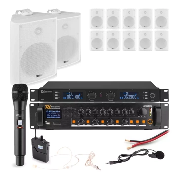 Zestaw białych głośników naściennych 12 x 6.5" BC65V  z zestawem mikrofonów bezprzewodowych