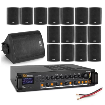 Zestaw czarnych głośników naściennych 16 x 4" BC40V  z wzmacniaczem 4 strefowym