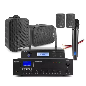 Zestaw czarnych głośników naściennych 4 x 3" BC30V z wzmacniaczem oraz mikrofonem bezprzewodowym