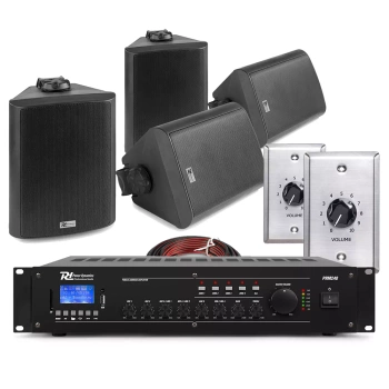 2 strefowy zestaw czarnych głośników naściennych 4 x 6.5" BC65V  z wzmacniaczem  oraz tłumikami głośności