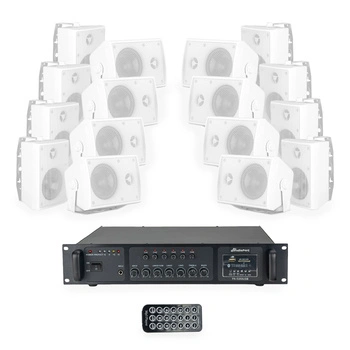 Zestaw białych głośników naściennych 16x 4'' ze wzmacniaczem 6 strefowym