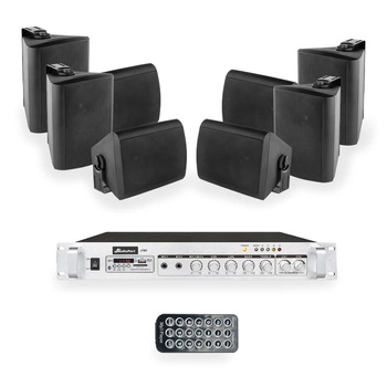 Zestaw czarnych głośników naściennych 8x 4'' z 2-strefowym wzmacniaczem