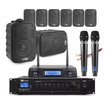 Zestaw czarnych głośników naściennych 8 x 3" BC30V z wzmacniaczem oraz zestawem mikrofonów bezprzewodowych